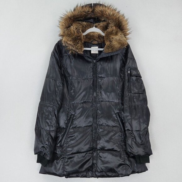 S13 NYC Coat Womens Extra Large Black Down Puffer Parka Faux Fur Hood Insulated - Picture 1 of 16